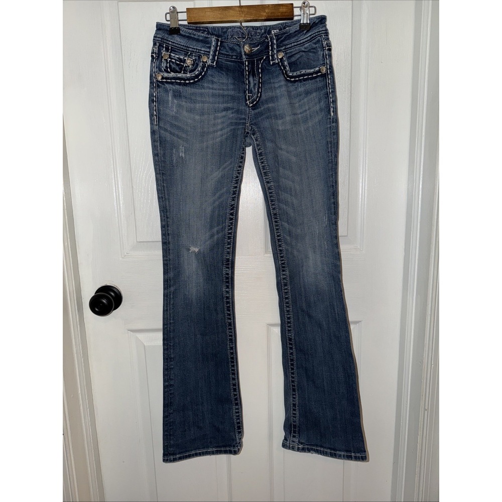 Miss Me Sunny Boot Cut Blue Jeans Low Rise Size 28 Thick Stitching Embellished